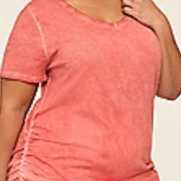 Lane Bryant 18/20 Coral Short-Sleeve V-Neck Side-Ruched Tee - Picture 2 of 7